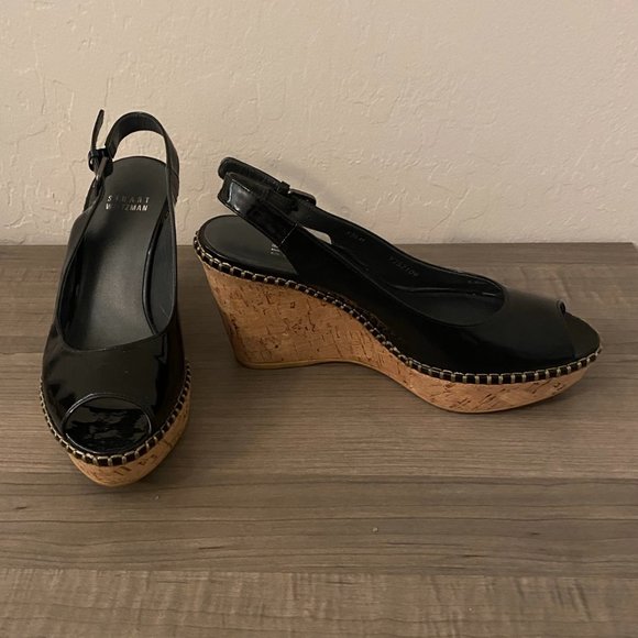 Stuart Weitzman Black Patent Sling Back Wedges